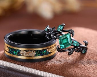 Ensemble de bagues pour couple émeraude : or noir et tungstène assortis