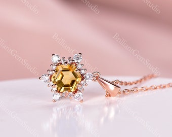 Citrine Snowflake Pendant Necklace: November Birthstone, Sterling Silver