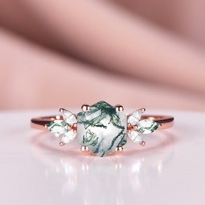 Hexagon Cut Moss Agate Engagement Ring Art Deco 14K Gold Ring Unique Cluster Marquise Moissanite Wedding Ring Bridal Promise Ring For Women