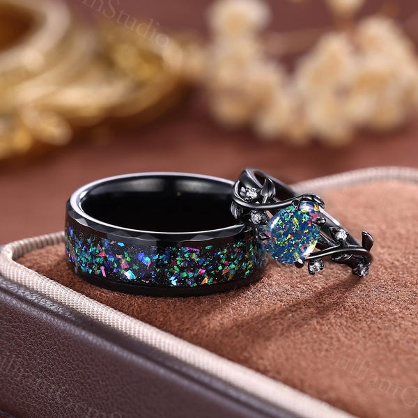 Black Fire Opal Couples Ring Set: Tungsten & Black Gold Promise Rings