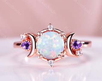 14K Rose Gold Opal Engagement Ring Moon Vintage Round Opal Amethyst Bridal Unique Curved Moissanite Wedding Ring Anniversary Promise Gift