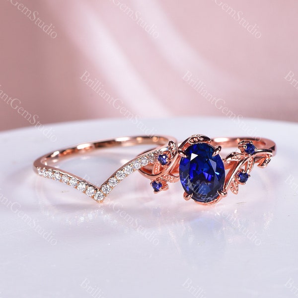 Nature Inspired Oval Shape Cornflower Blue Sapphire Engagement Ring Set, Rose Gold Twig Leaf Promise Ring, Vintage Vine Anniversary Ring