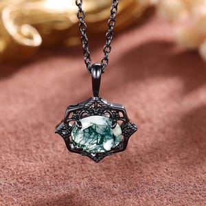 Moss Agate Pendant Necklace Black Gold Necklace Unique Natural Inspired Birthstone Women Jewelry Art Deco Necklace Anniversary Gifts for Her
