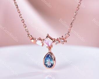Alexandrite Pear Pendant Necklace: Moonstone, Opal & Simulated Diamond, Sterling Silver