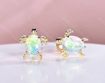 Dainty Fire Opal Turtle Earrings: Yellow Gold Sterling Silver