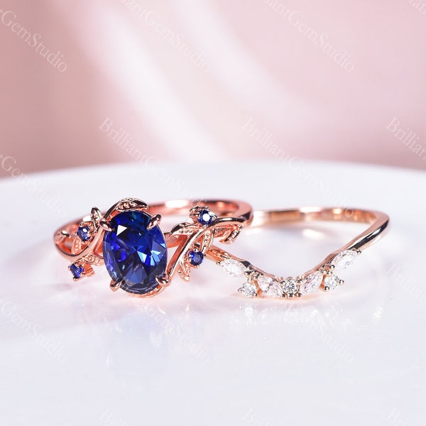 Natural Inspired Leaf blue sapphire ring set cluster sapphire galaxy engagement ring women unique blue stone wedding ring set gift for her