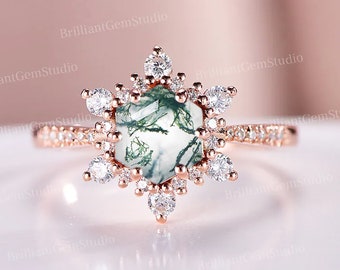 Hexagon Moss Agate Ring Dainty Vintage Green Moss Agate Engagement Ring Art Deco Snowflake Moissanite Ring Rose Gold for Women Promise Ring