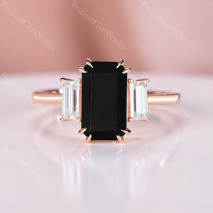 Baguette cut Black Onyx Wedding band Rose gold Antique Moissanite Stackable Bridal ring Unique Diamond matching anniversary promise ring