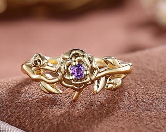 Vintage Amethyst Leaf Engagement Ring, Yellow Gold Dainty Branch Amethyst Promise Ring, Unique Purple Amethyst Wedding Ring Nature Inspired