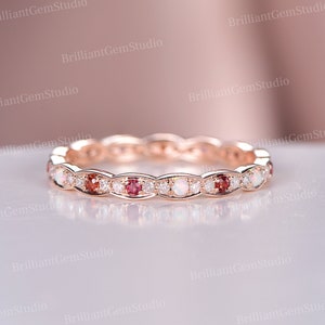 Fire Opal Garnet Wedding Band: Rose Gold Cluster CZ Diamond Ring