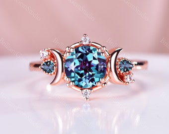 Rose Gold Round Shape Alexandrite Engagement Ring, Moon and Star, Rhodium Galaxy crescent moon Promise Ring, Vintage Twig Vine Wedding Ring
