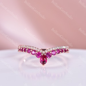 Solid 14K Rose Gold Ruby Ring, Ruby Wedding Band For Women With 1.5mm Stones in V Curved Half Eternity, Available in White Gold Yellow Gold