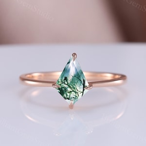 Art Deco Moss Agate Engagement Ring Vintage Kite Wedding Ring 14K Rose Gold Unique Wedding Ring Women Promise Ring Dainty Solitaire Ring