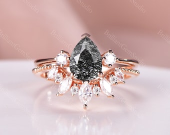Pear Black Rutilated Quartz Engagement Ring Set: Rose Gold Moissanite Diamond Band