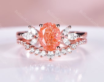 Oval Sunstone Engagement Ring Set: Rose Gold Diamond Wedding Band