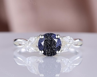 Blue Sandstone Ring: 14K White Gold, Vintage Style, Moissanite Accents