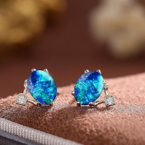 Oval Blue Opal Stud Earrings: Yellow Gold Gemstone, Vintage Promise Jewelry