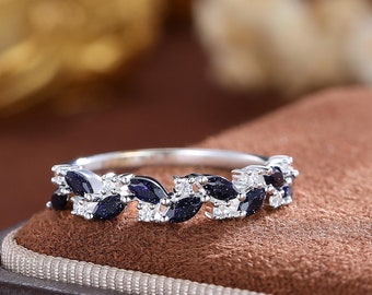Marquise Blue Sandstone Wedding Band: Sterling Silver Half Eternity Ring