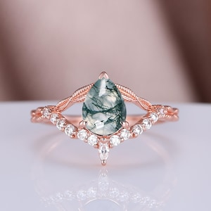 Pear Natural Moss Agate Gold Engagement Ring For Women 925 Sterling Silver Ring Unique Branch Nature Inspired Leaf Twig Ring Wedding Ring