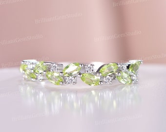 Cluster Wedding Band with Marquise & Round Stones Alternate, Marquise Peridot Moissanite Band: 14K White Gold August Birthstone Ring