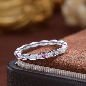 Vintage Diamond Wedding Band: Opal, Ruby & Amethyst - 14K White Gold