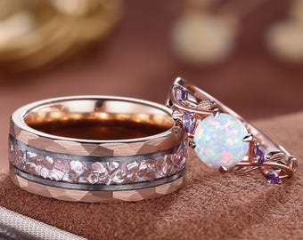 Skye Peacock Opal Couples Ring Set- His and Hers Matching Wedding