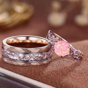 Dainty Pink Opal Couples Ring Set Rose Gold Wedding Ring & Tungsten Promise Rings For Men and Women Unique Handmade Rings Gift for Couples