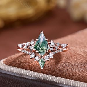 Cluster Natural Moss Agate Engagement Ring Set Vintage Rose Gold Moissanite Ring Cluster Marquise Diamond Wedding Ring Set Anniversary Ring