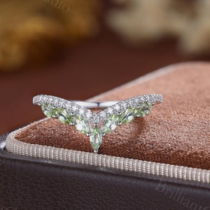 Antique Marquise Peridot Band,Silver White Gold Moissanite Wedding Ring,Green Birthstone Band,Half Eternity Curved Anniversary Stack Ring