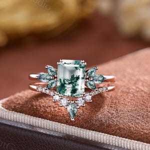 Emerald Cut Moss Agate Engagement Ring Set Rose Gold Moissanite Cluster Wedding Ring Set Green Moss Agate Jewelry Anniversary Gift For Her