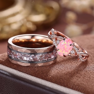 Dainty Pink Fire Opal Couples Ring Set His and Her Wedding Band Rose Gold & Tungsten Promise Rings Anniversary Gift Promise Ring For Couples
