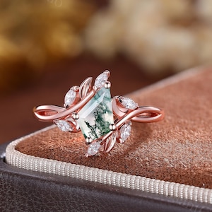Vintage Kite Moss Agate Engagement Ring 14K Rose Gold Promise Ring Leaf Nature Inspired Bridal Ring Green Gemstone Ring Women Jewelry Gifts
