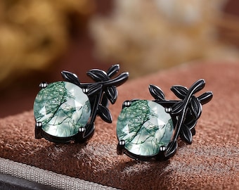 Moss Agate Stud Earrings: Sterling Silver, Gold Plated