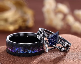 Starry Night Sandstone Couples Ring Set, His and Hers Galaxy Sandstone Orion Nebula Wedding Band, Unique Matching Couples Promise Ring Set