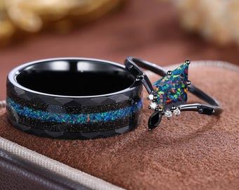 Black Fire Opal Ring Set: Black Gold & Tungsten Wedding Rings