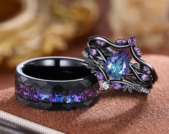 Alexandrite Couple's Ring Set: Black Gold Twig Rings, Nature Inspired, Firework Cut Alexandrite