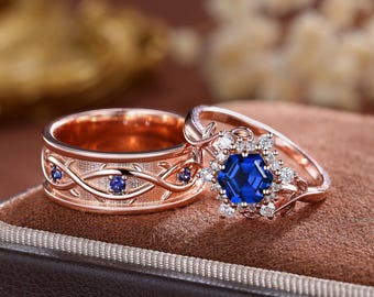 Ensemble de bagues pour couple saphir bleu et or rose : alliances vintage