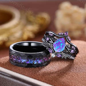Opal Engagement Ring Set: Lavender Amethyst, Leaf Vine, Tungsten Wedding Band
