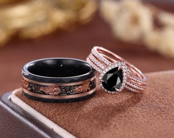 Halo Black Onyx Couples Ring Set, Rose Gold Women Ring Set & Tungsten Men Ring, His and Hers Cosmic Wedding Bands, Matching Promise Ring Set