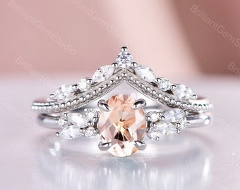 Vintage Oval Morganite Engagement Ring Set: Rose Gold Bridal Promise Ring