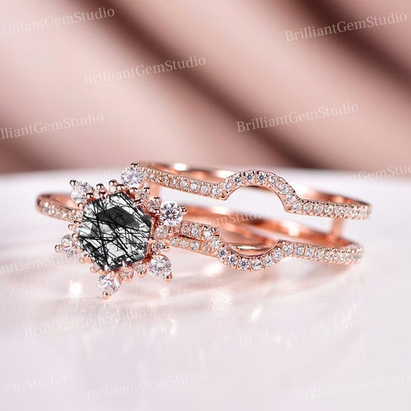 Vintage Natural Salt and Pepper Diamond Ring Set 14K Rose Gold Black Rutilated Quartz Gift For Her Birthday Wedding Hexagon Cut Snowflake