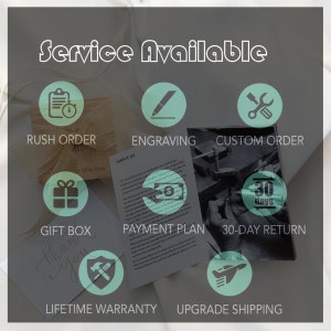 Puede incluir: Un gr&aacute;fico con un fondo turquesa y texto blanco que describe los servicios ofrecidos por una empresa. Los servicios incluyen pedido urgente, grabado, pedido personalizado, caja de regalo, plan de pago, devoluci&oacute;n de 30 d&iacute;as, garant&iacute;a de por vida y env&iacute;o mejorado.