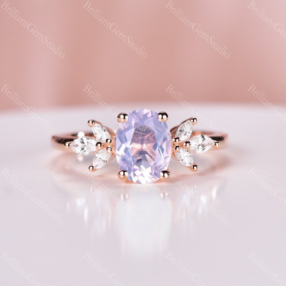 Art Deco Lavender Amethyst Ring: Gold Leaf Branch Promise Ring