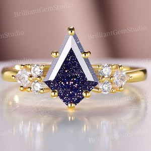 14K Gold Galaxy Blue Sandstone Ring: Vintage Moissanite Engagement Ring