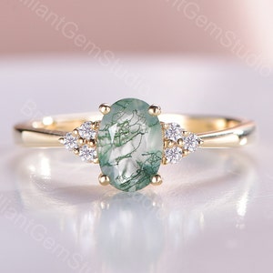 Vintage Moss Agate Engagement Ring Organic Green Oval Moss Agate Bridal Ring Silver Rose Gold Wedding Ring Cluster Anniversary Ring For Her