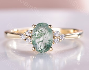 Vintage Oval Moss Agate Engagement Ring: Rose Gold Cluster Bridal Ring