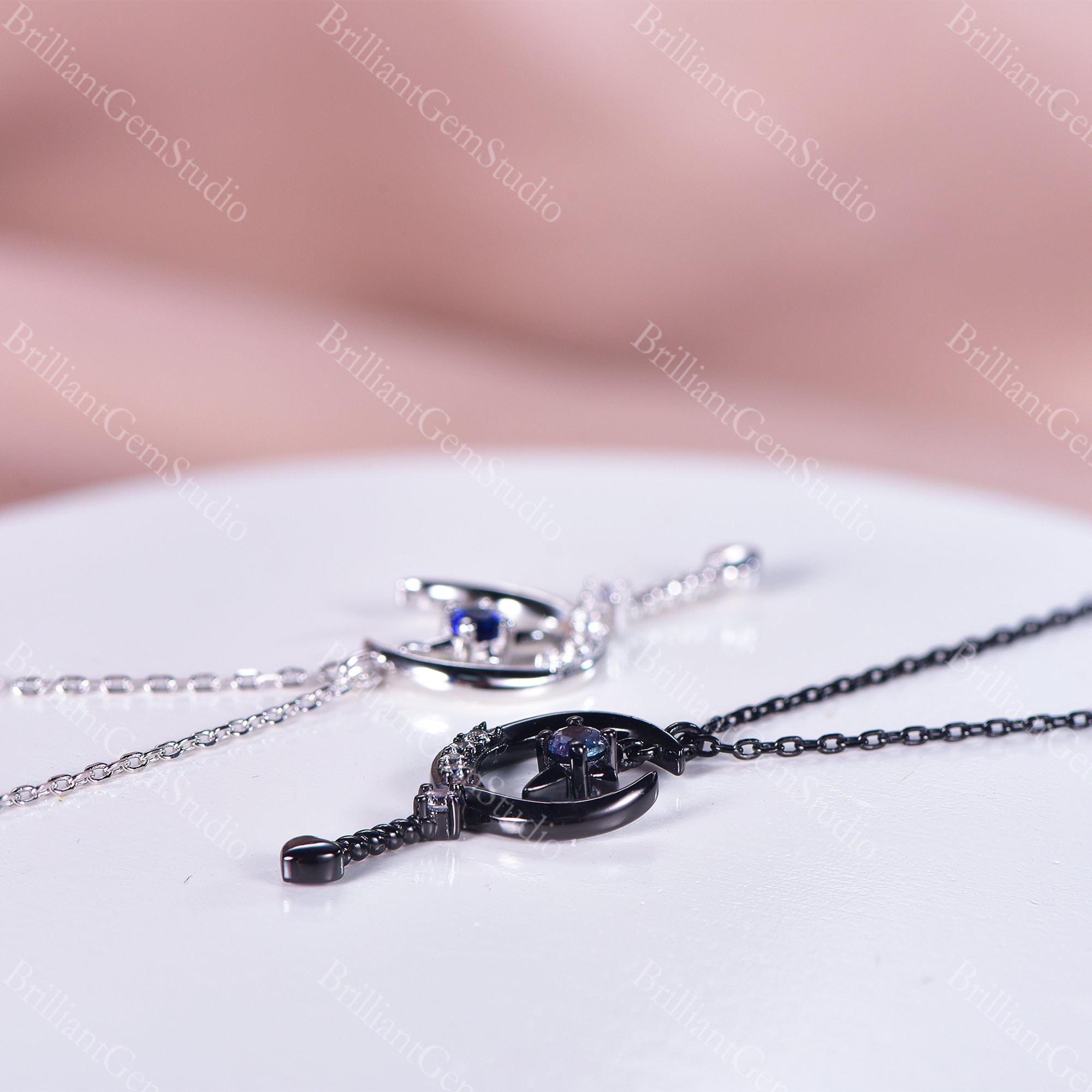 Alexandrite Star Moon Necklace: Rose Gold Moissanite Pendant