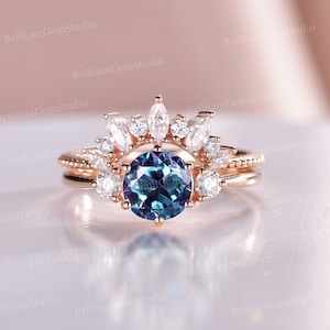 Vintage Alexadnrite Engagement Ring Set,Silver Round June Birthstone Ring,Marquise Moissanite Crown Wedding Ring, Diamond Wedding Ring Gift