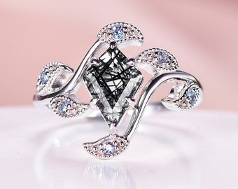 Valentine's Day Gift for Wife,Kite Shape Black Rutilated Quartz Engagement Ring,Bridal Ring,Black Rutilated Quartz Ring, Alexandrite Ring