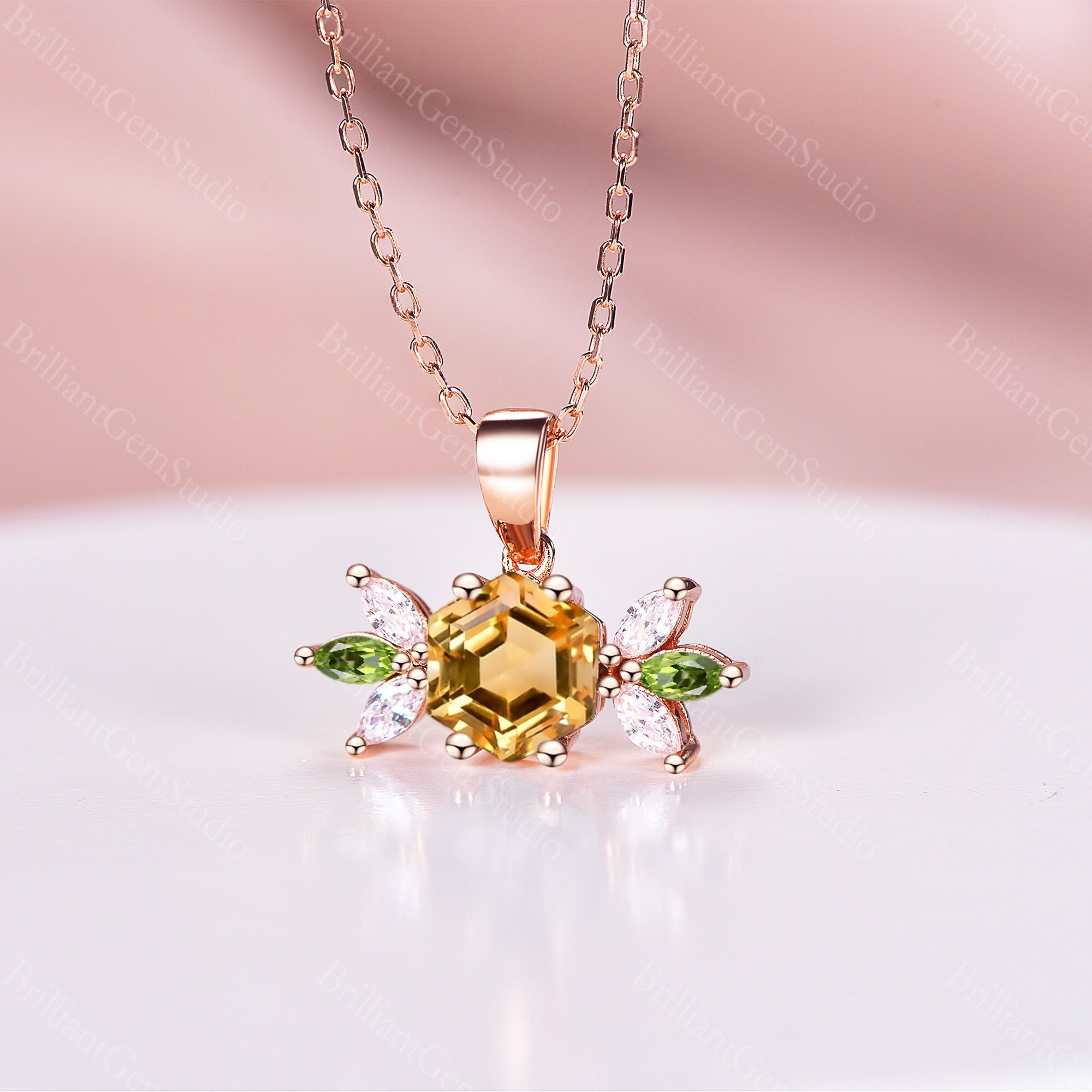 Hexagon Citrine Peridot Necklace: Vintage 14k Rose Gold Diamond Pendant